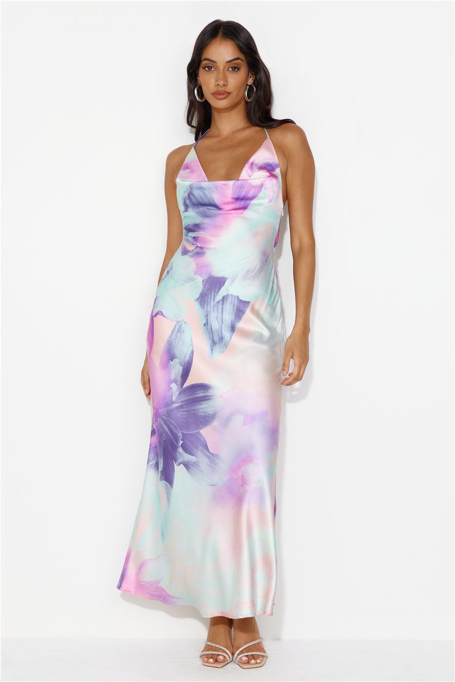 Melting Rainbow Satin Halter Maxi Dress Print Product Image