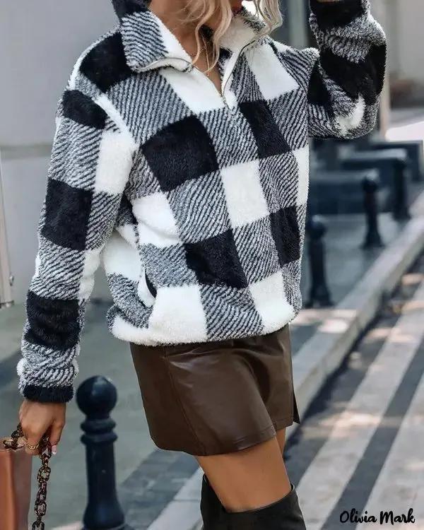 Olivia Mark – Fluffy Long Sleeve Plaid Zipper Sweatshirt Product Image