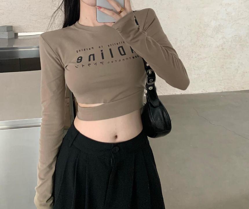 Long Sleeve Round Neck Lettering Print Cutout Crop T-Shirt Product Image