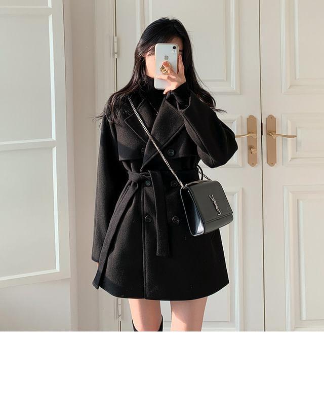 Long Sleeve Lapel Double-Breasted Belted Woolen Blend Coat Product Image