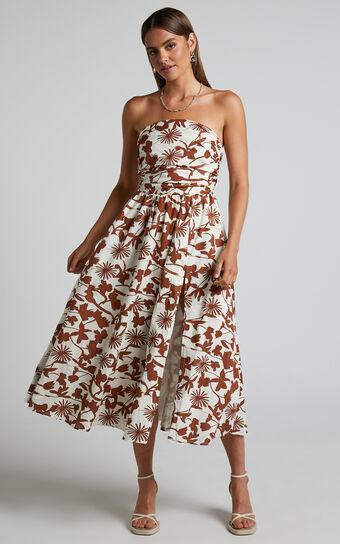 Evita Midi Dress - Ruched High Split Strapless Dress in Multi Product Image