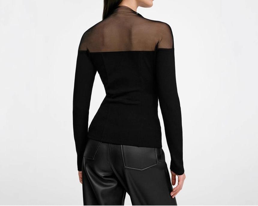 Long-Sleeve Mock Neck Plain Mesh Panel T-Shirt Product Image