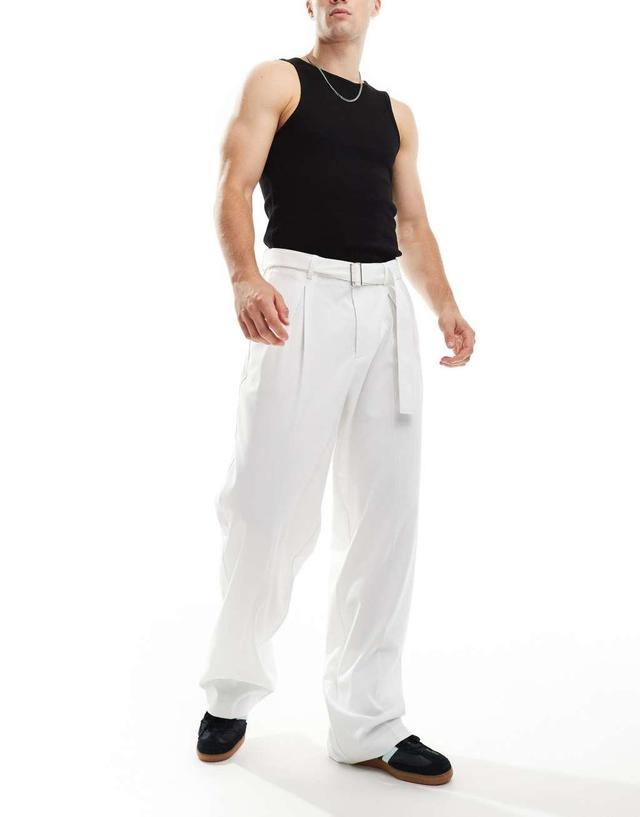 ASOS DESIGN smart wide leg pants with belt detail in white Product Image