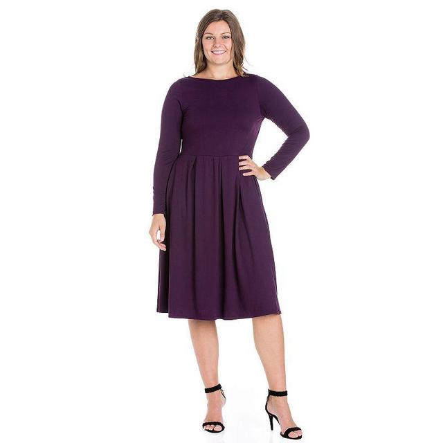 Plus Size 24seven Comfort Apparel Long Sleeve Fit and Flare Midi Dress, Womens Purple Product Image