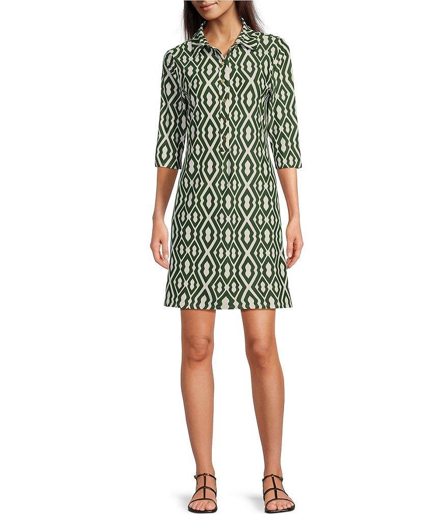 Jude Connally Susanna Moroccan Trellis Loden Print Point Collar 3/4 Sleeve Polished Classic Shirt Dress Product Image