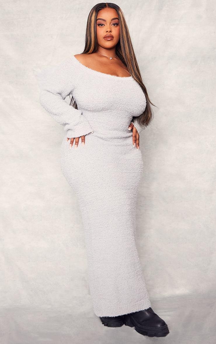 Plus Grey Teddy Knit Off Shoulder Maxi Dress Product Image