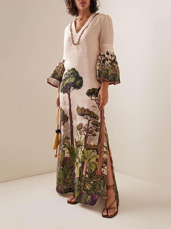 Flared Sleeves Loose Leaves Print V-Neck Maxi Dresses Product Image