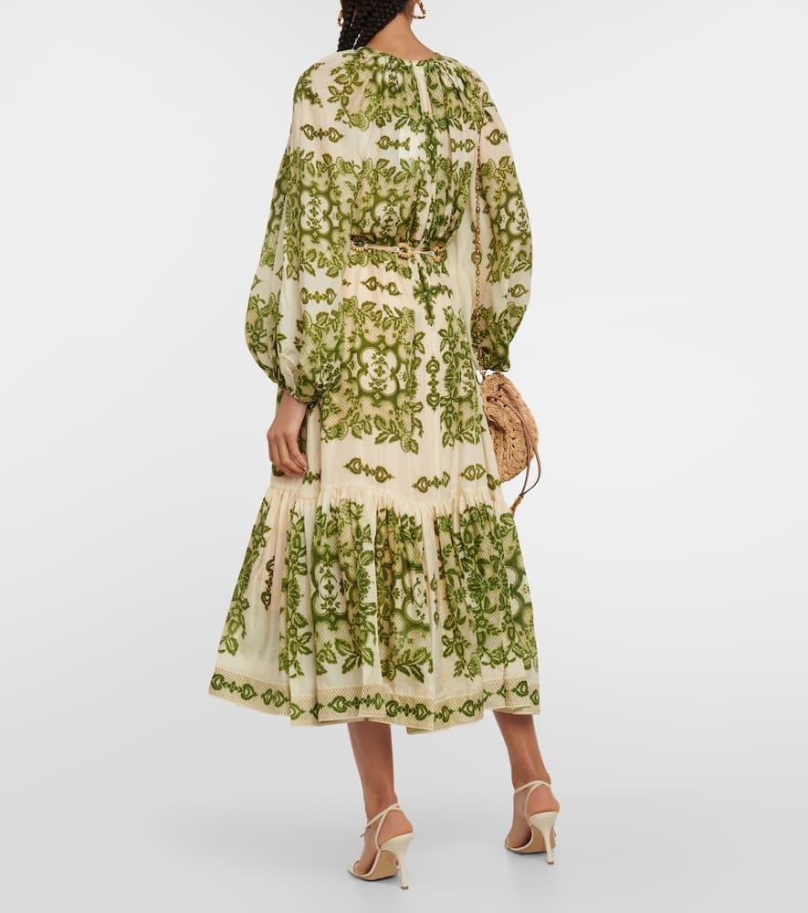 ZIMMERMANN Raie Tiered Silk Midi Dress In Green Product Image