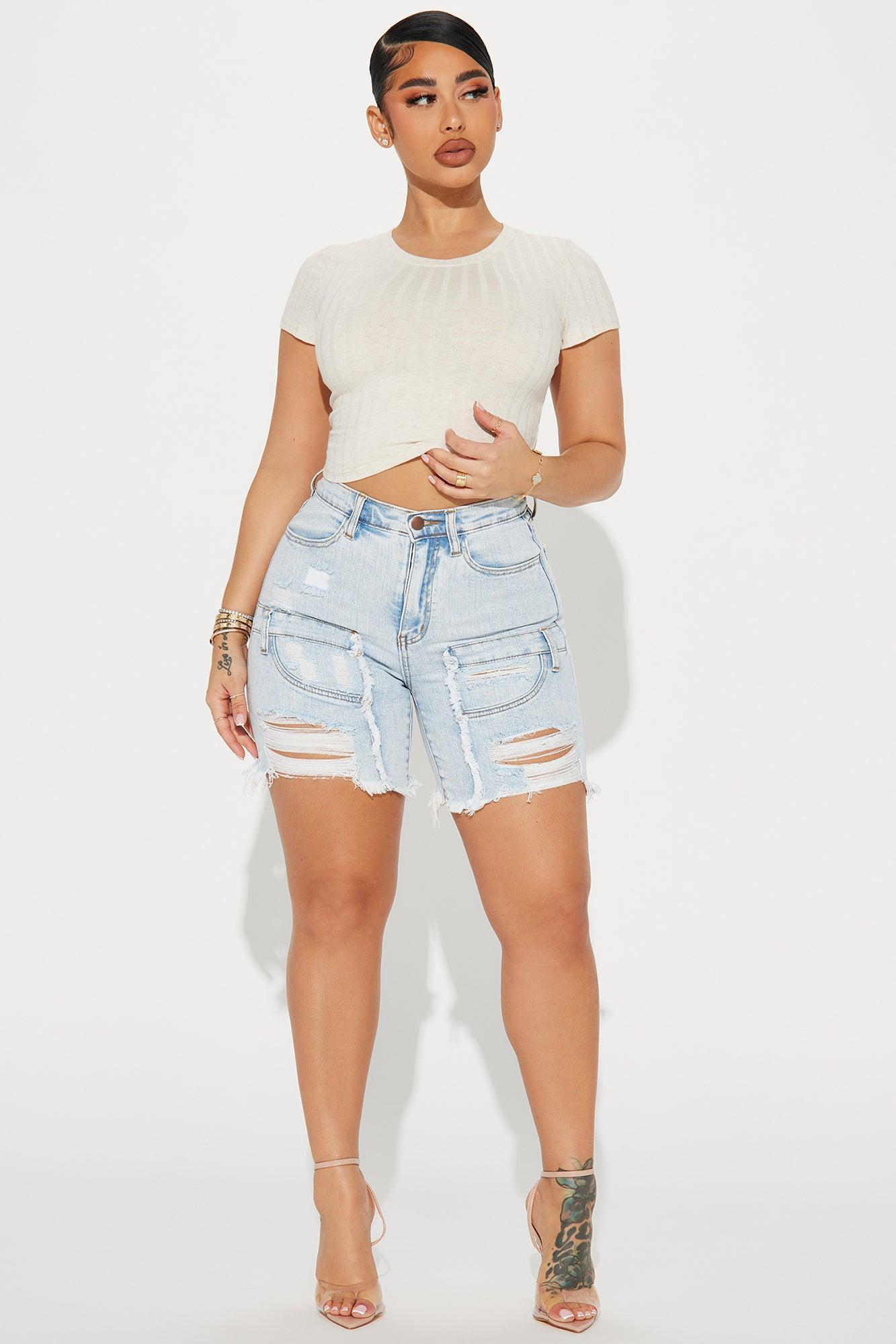 Coming Together Stretch Denim Bermuda Shorts - Light Wash Product Image