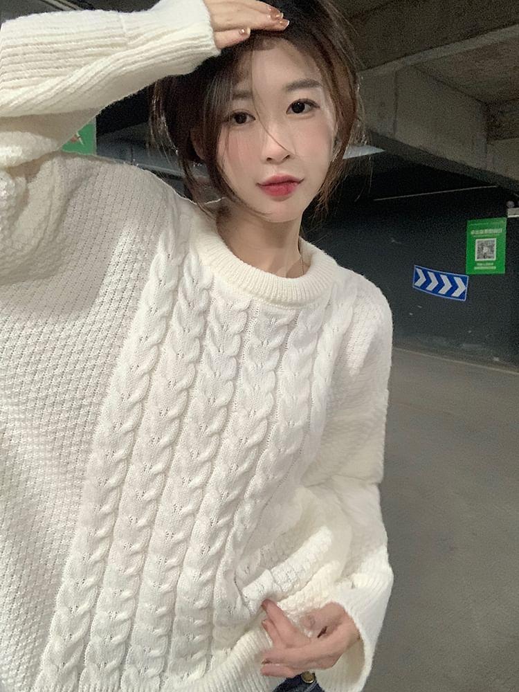 Round Neck Cable-Knit Sweater Product Image