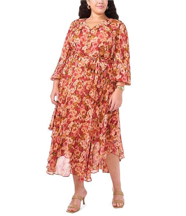 Vince Camuto Plus Floral Satin Yoryu V-Neck Long Blouson Sleeve Button Front Tie at Waist A-Line Flounce Shirttail Midi Dress Product Image