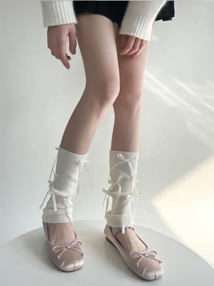 Plain Bow Ribbed Knit Leg Warmers / Set Product Image