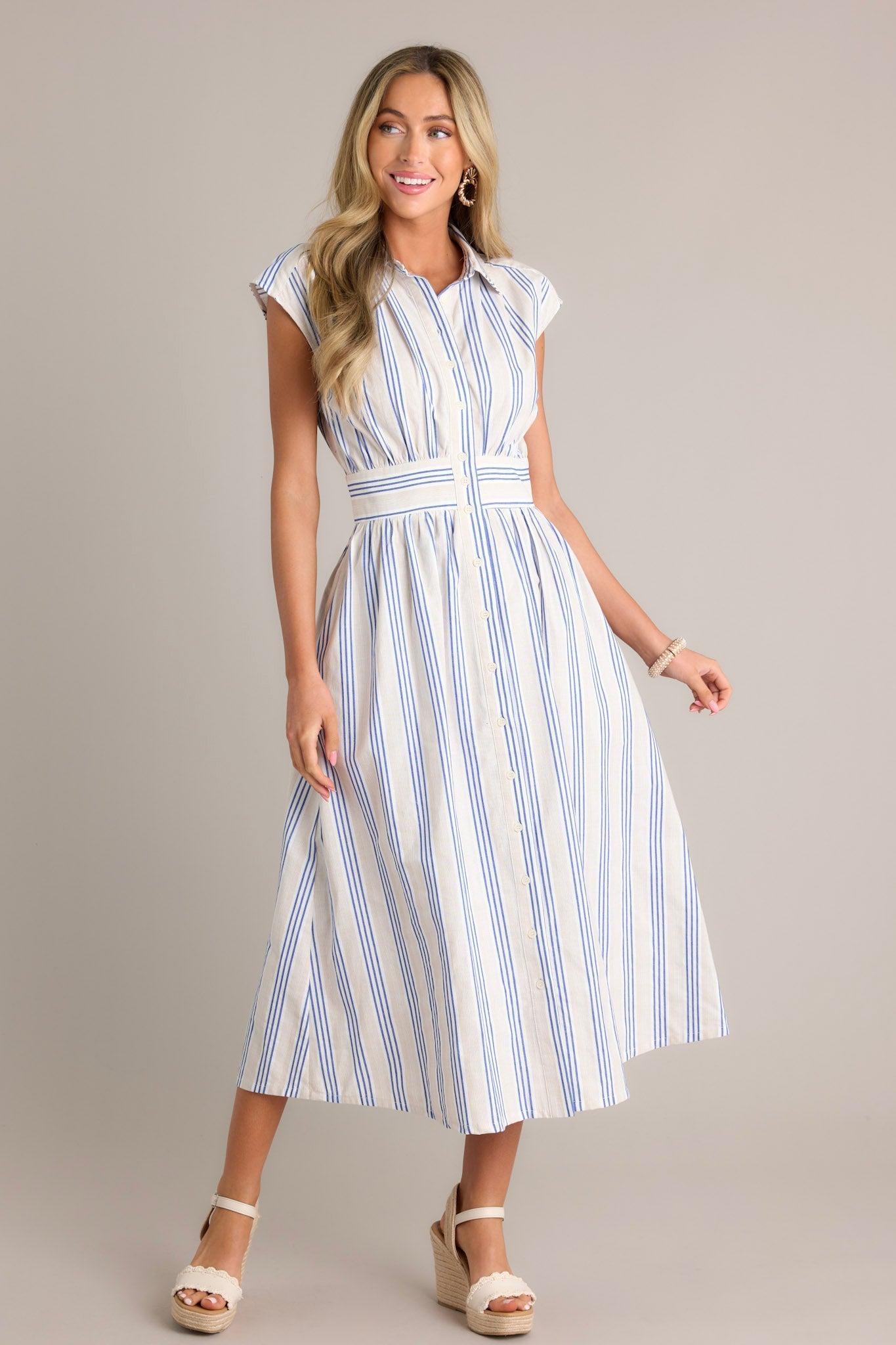 True Classic 100% Cotton Blue Stripe Midi Shirt Dress Product Image