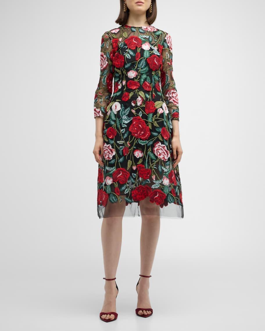 3/4-Sleeve Floral-Embroidered Midi Dress Product Image