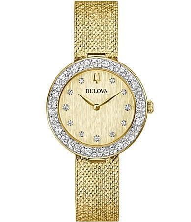 Bulova Womens Crystal Two Hand Gold Tone Stainless Steel Mesh Bracelet Watch Product Image