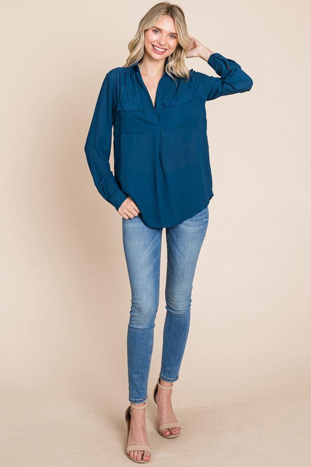 V Neck Collared Pocket Detail Blouse Shirts Female Product Image