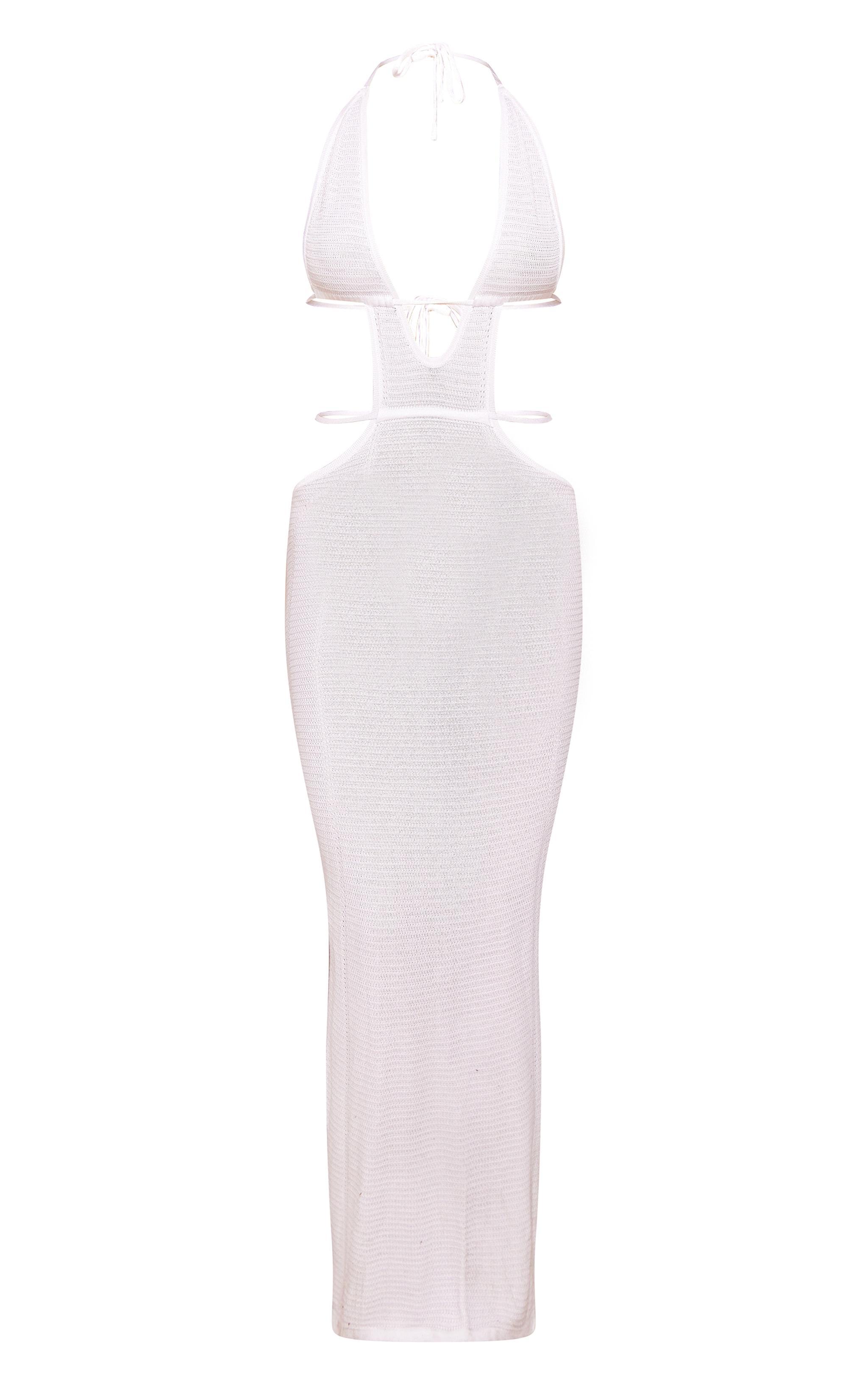 White Textured Sheer Knit Ruched Cut Out Halterneck Dress Product Image