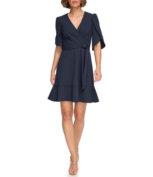 DKNY Stretch Crepe Jersey Surplice V Neckline 3/4 Tulip Sleeve Dress Product Image