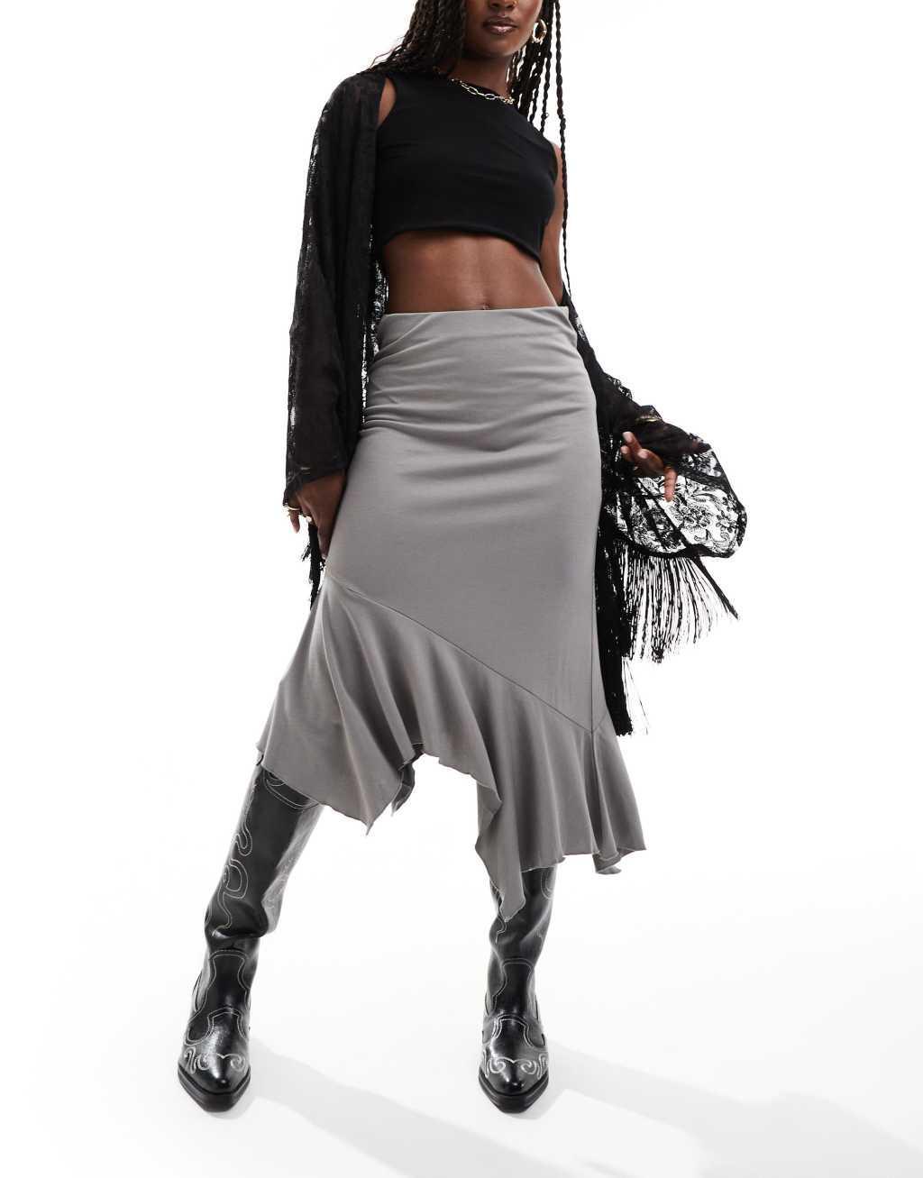 Monki asymmetric midi skirt in gray  product image