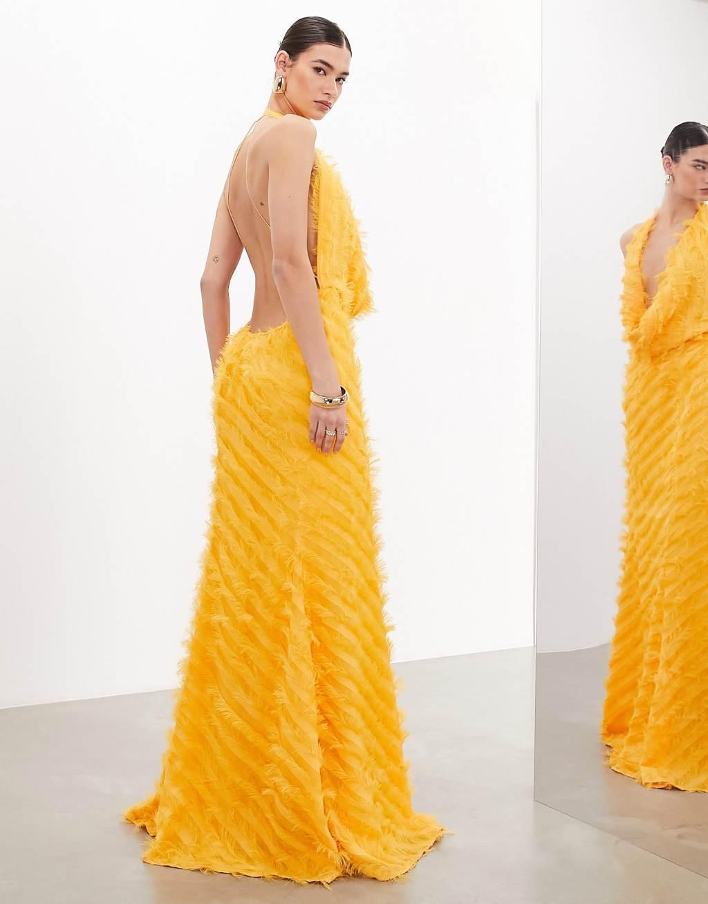 ASOS EDITION textured statement cowl neck maxi dress in orange Product Image