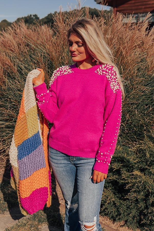 Modern Muse Pearl Embellished Sweater In Hot Pink Product Image