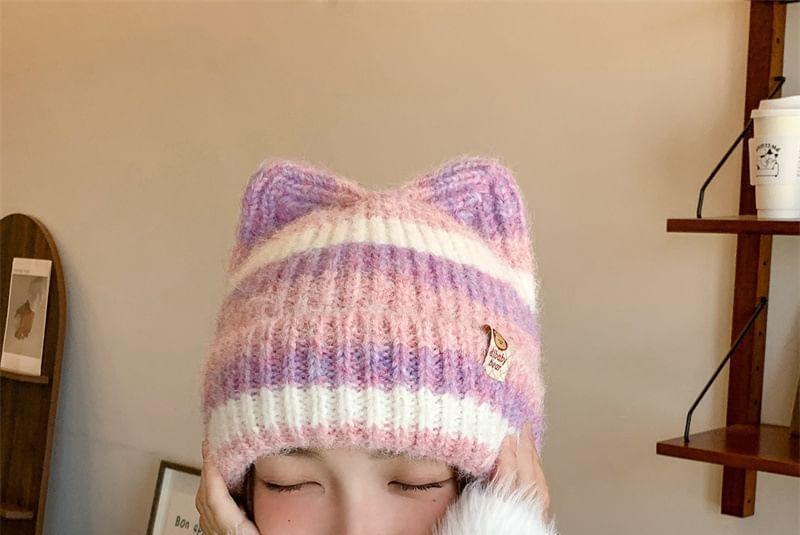 Cat Ear Striped Knit Beanie Product Image