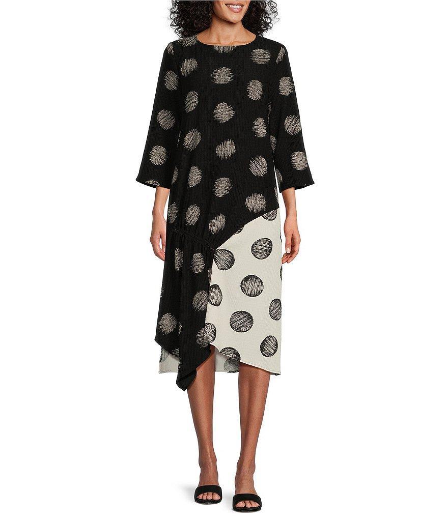 IC Collection Woven Dot Mixed Print Crew Neck 3/4 Sleeve A-Line Asymmetrical Hem Dress Product Image