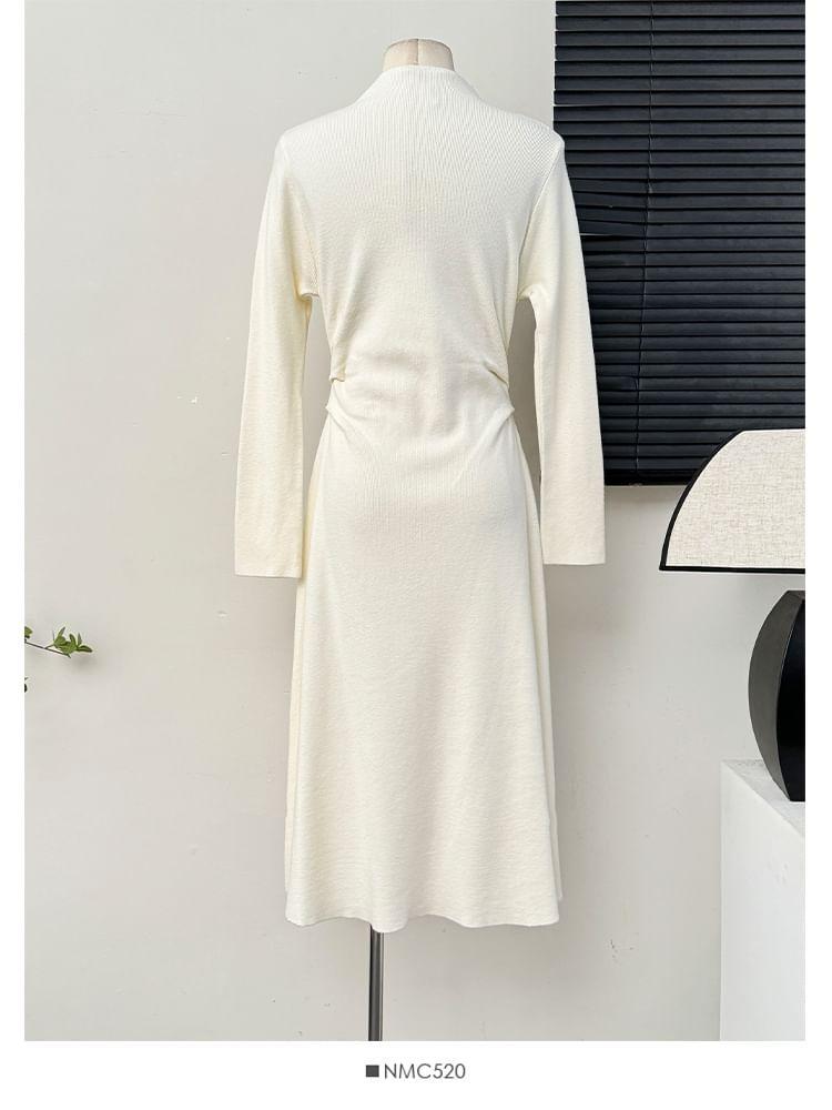 Mock-Neck Ruched Midi A-Line Dress Product Image