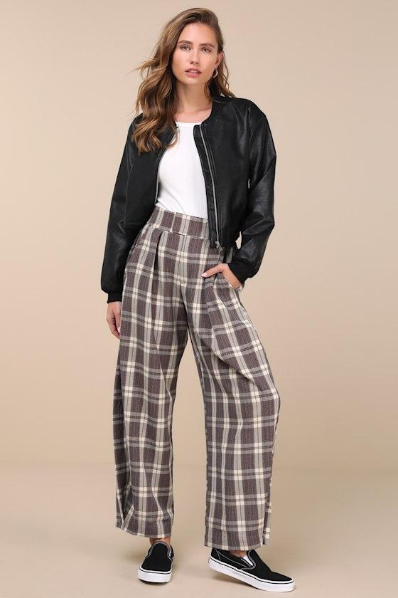 Uniquely Stylish Grey and Mauve Plaid High Rise Wide-Leg Pants Product Image