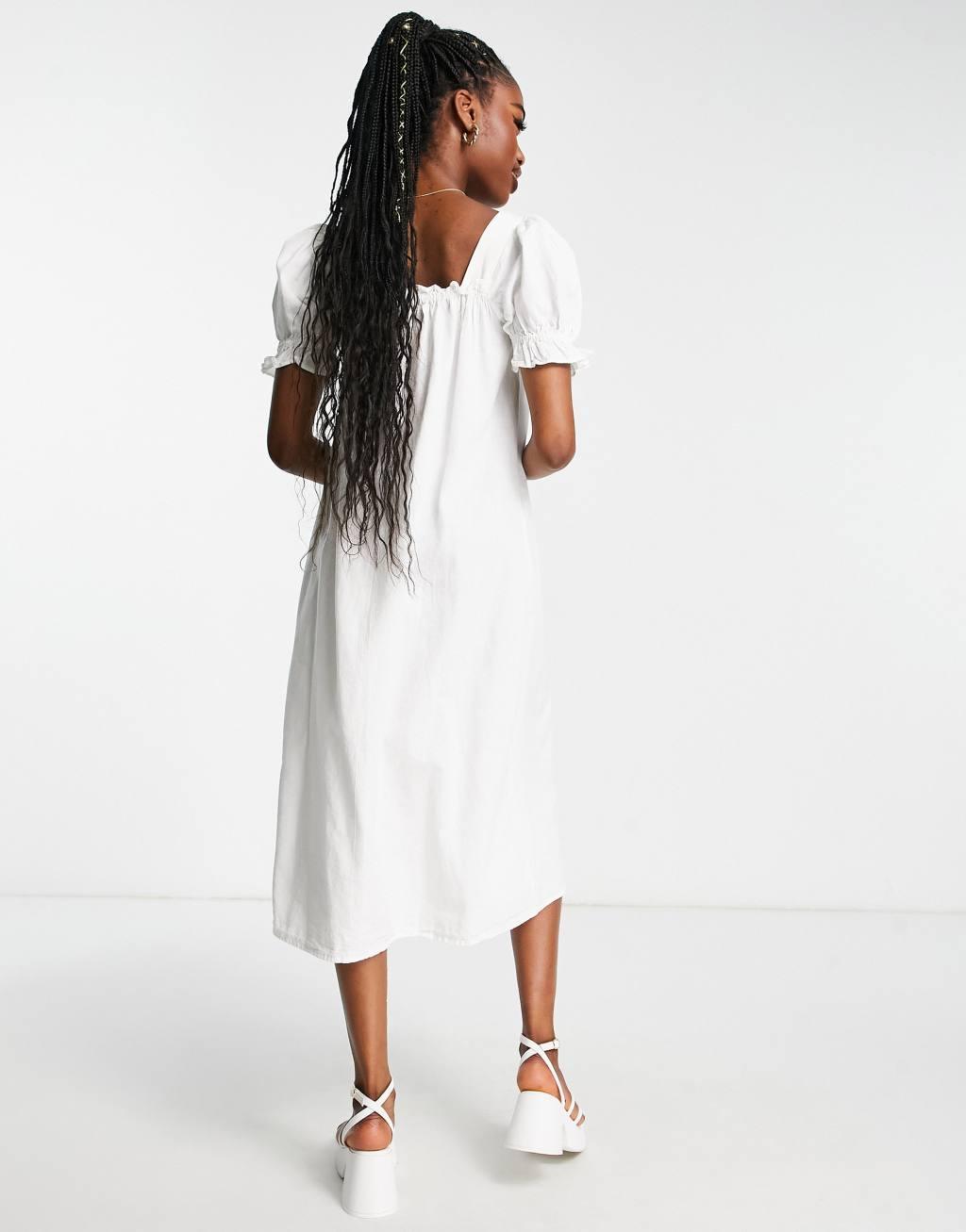 Pieces exclusive puff sleeve midi button through dress in white Product Image