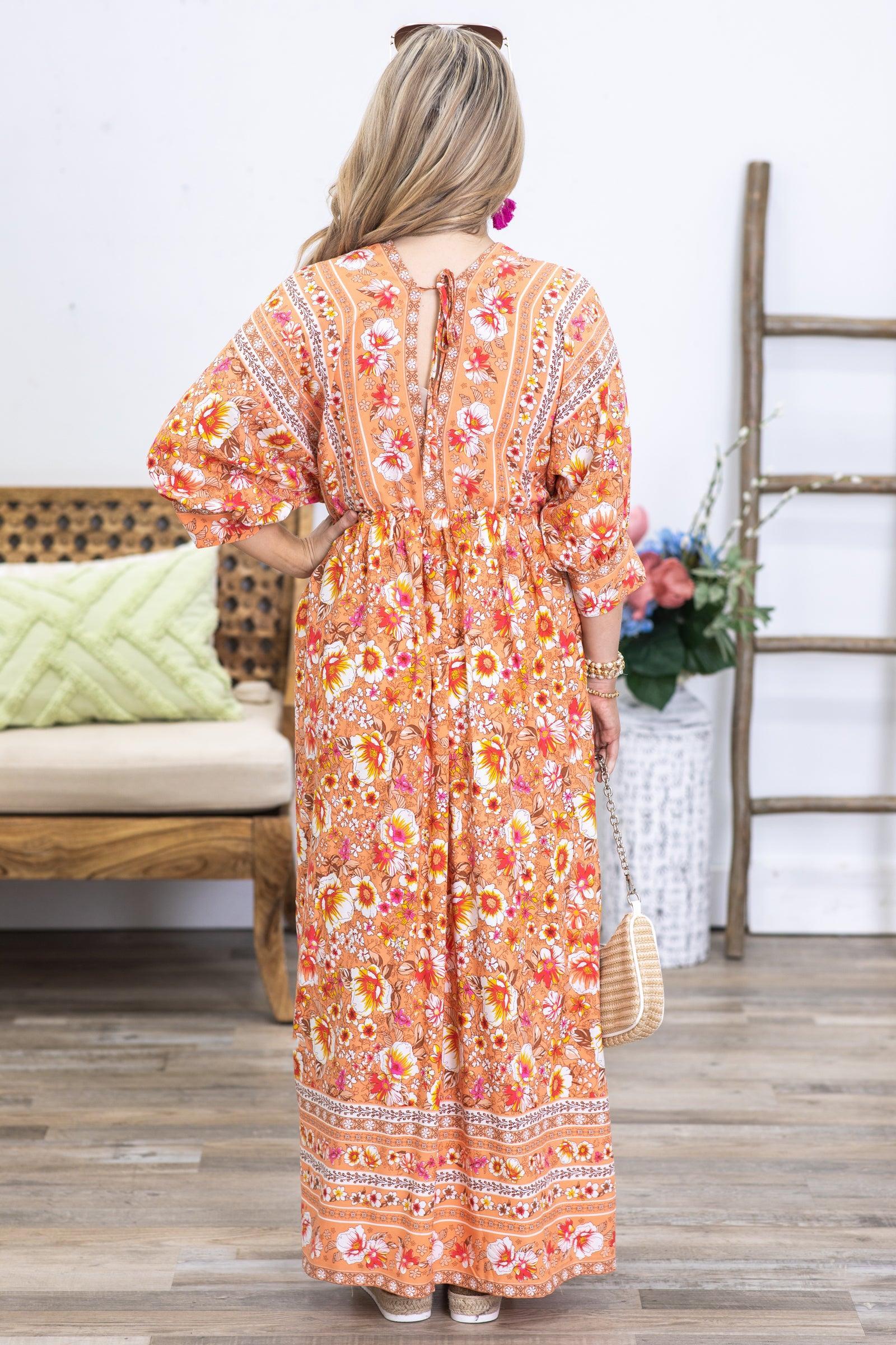 Orange Floral Boho Maxi Dress Product Image