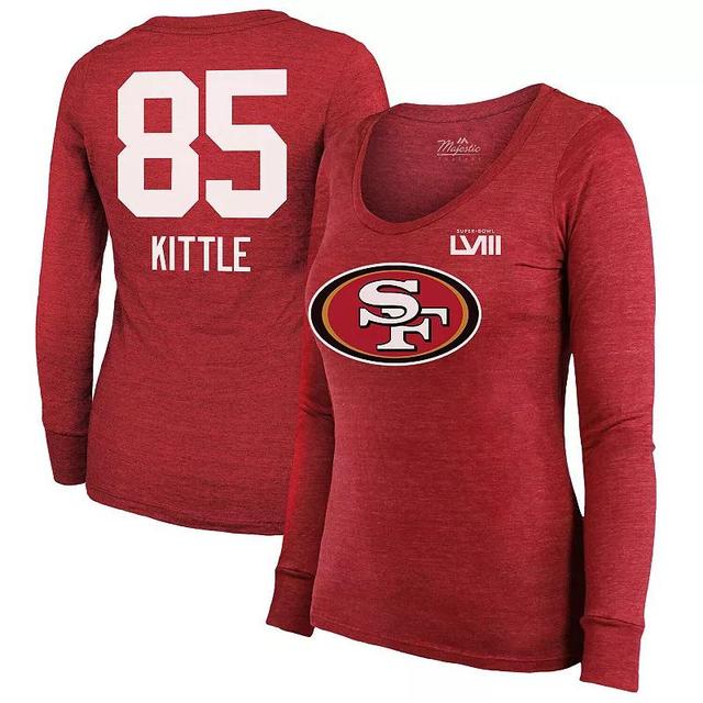 Womens Majestic Threads George Kittle Scarlet San Francisco 49ers Super Bowl LVIII Scoop Name & Number Tri-Blend Long Sleeve T-Shirt Product Image