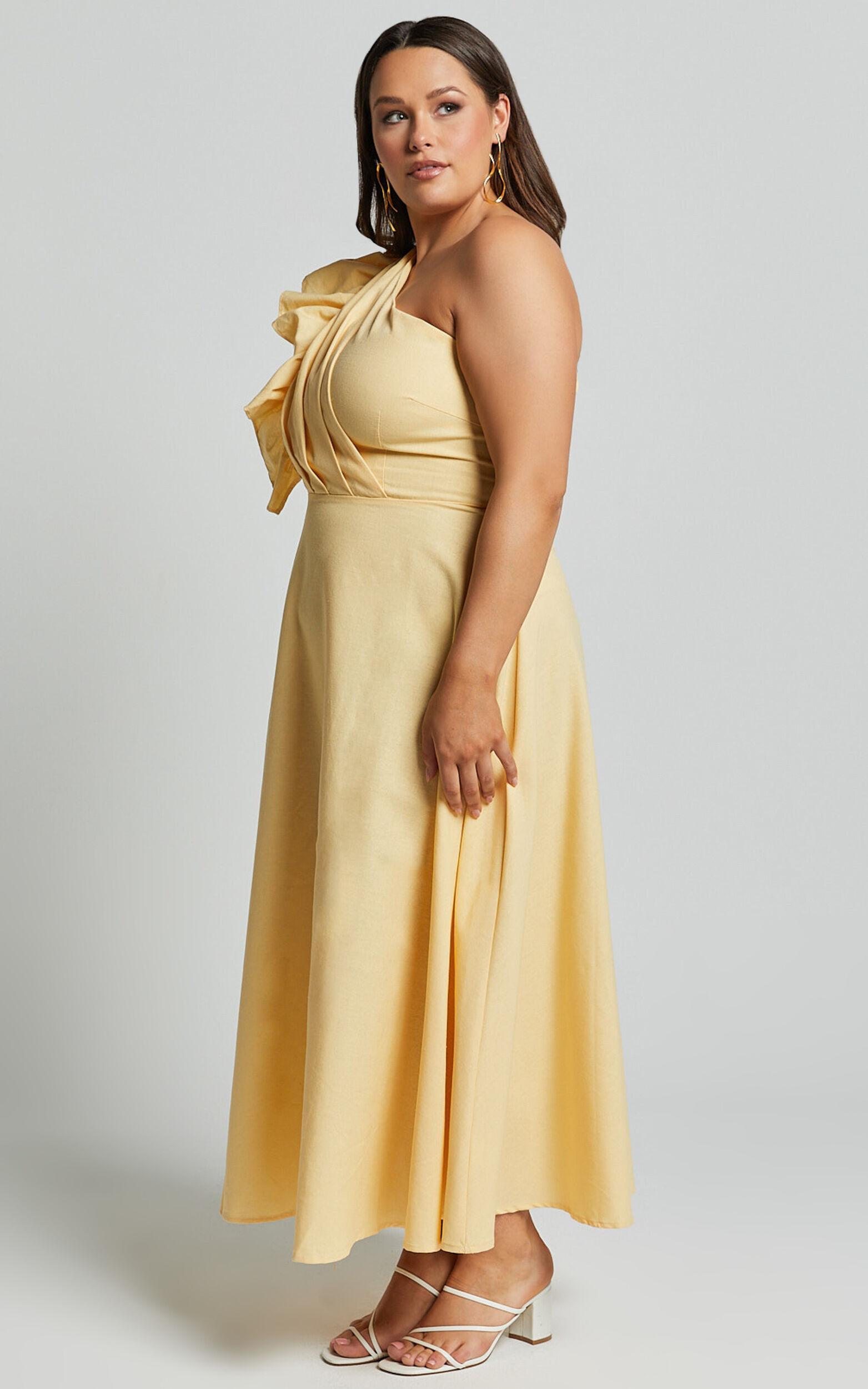 Dixie Midi Dress - Linen Look One Shoulder Ruffle Dress in Lemon Product Image