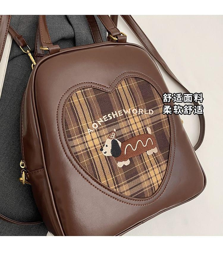 Plaid Cartoon Patterned Panel Faux Leather Top Handle Backpack Product Image