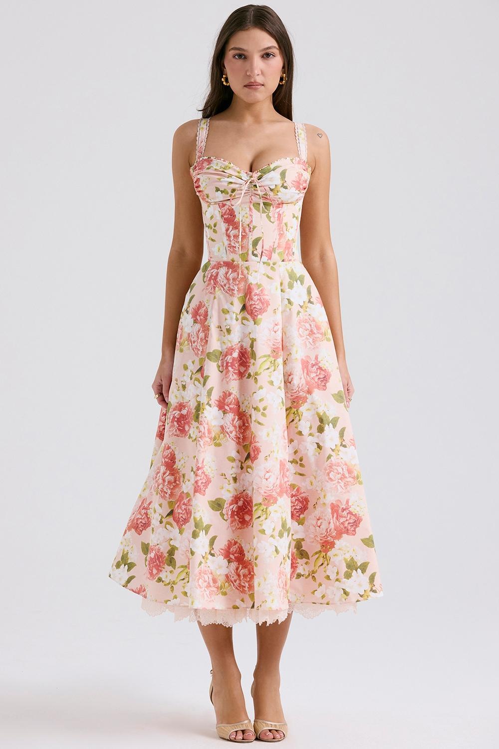 Rosalee Pink Peony Print Cotton Bustier Sundress Product Image