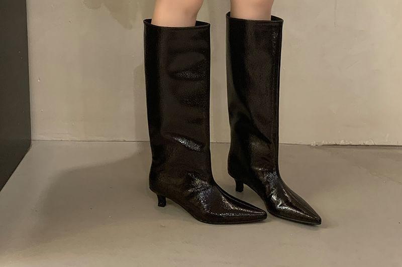 Kitten Heel Pointed Toe Plain Faux Leather Tall Boots Product Image