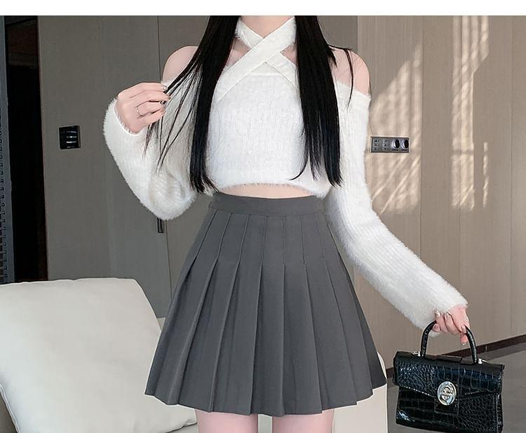 High Waist Plain Pleated Mini A-Line Skirt Product Image