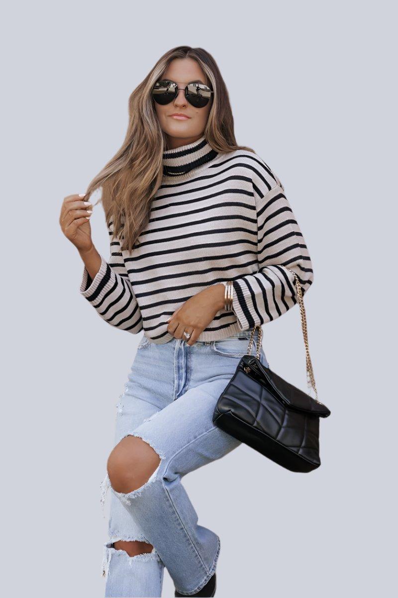 Mocha Striped Long Sleeve Turtleneck Sweater Product Image