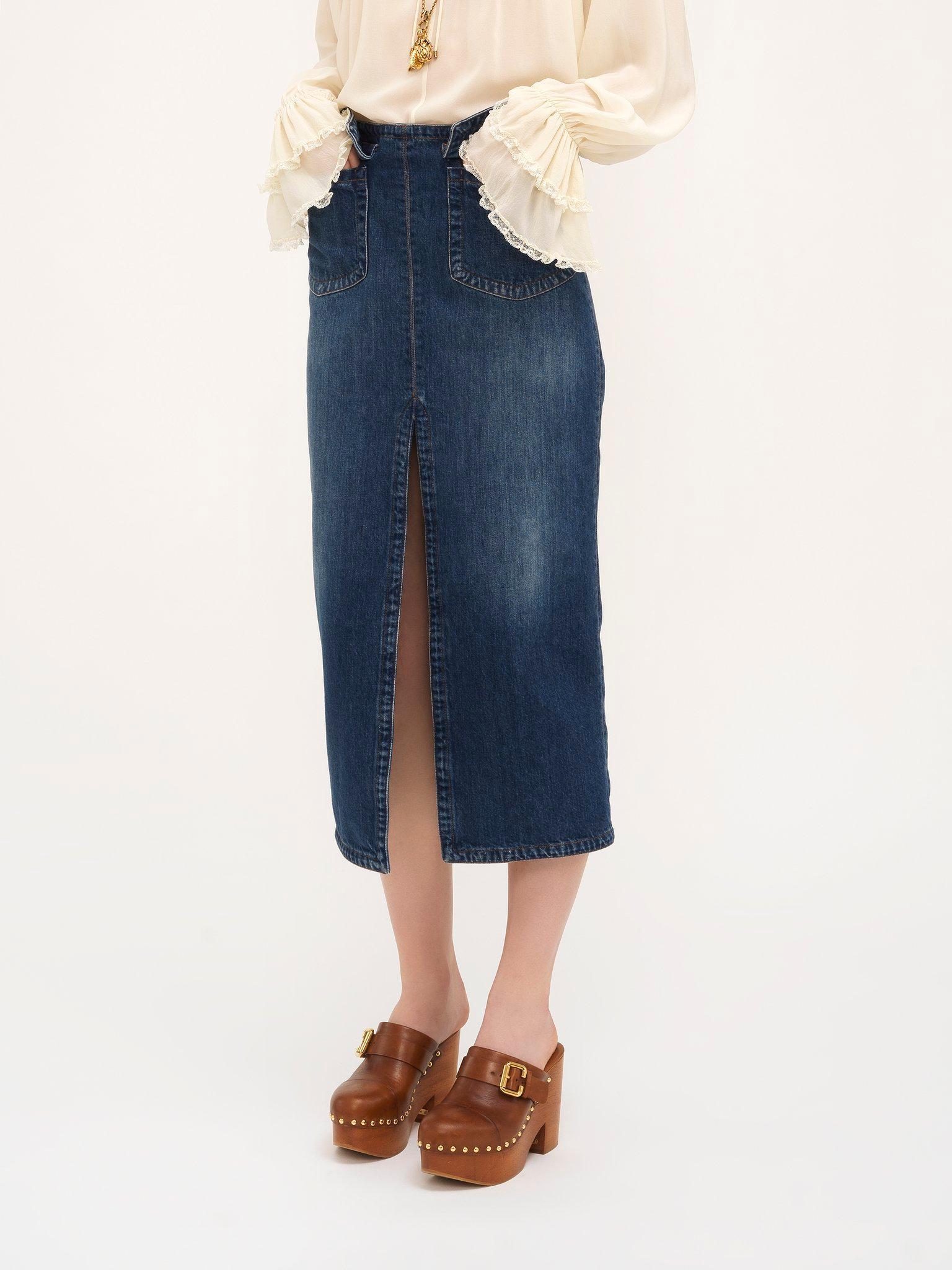 Front-slit midi skirt in denim Product Image