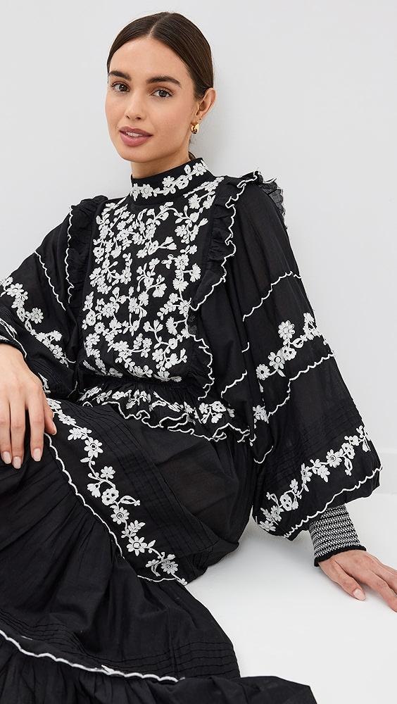 FARM Rio Black Embroidered Ruffle Longe Sleeve Blouse | Shopbop Product Image