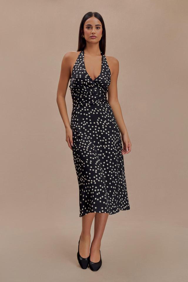 Marguerite Satin Halter Midi Dress - Black Polka Dot Print Product Image