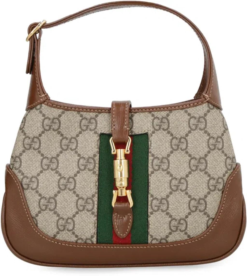 GUCCI Mini Jackie 1961 Beige & Ebony Gg Supreme Fabric Handbag With Brown Leather & Striped Web Detail, 19 Product Image