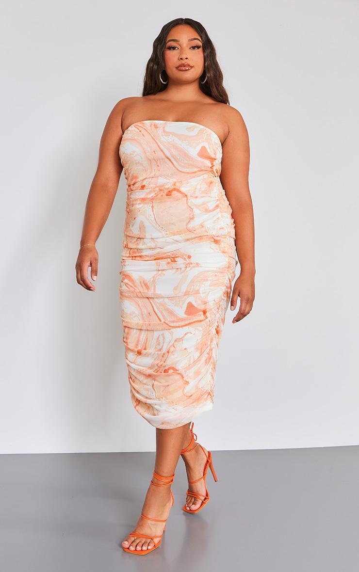 Plus Orange Mesh Bandeau Ruched Maxi Dress Product Image