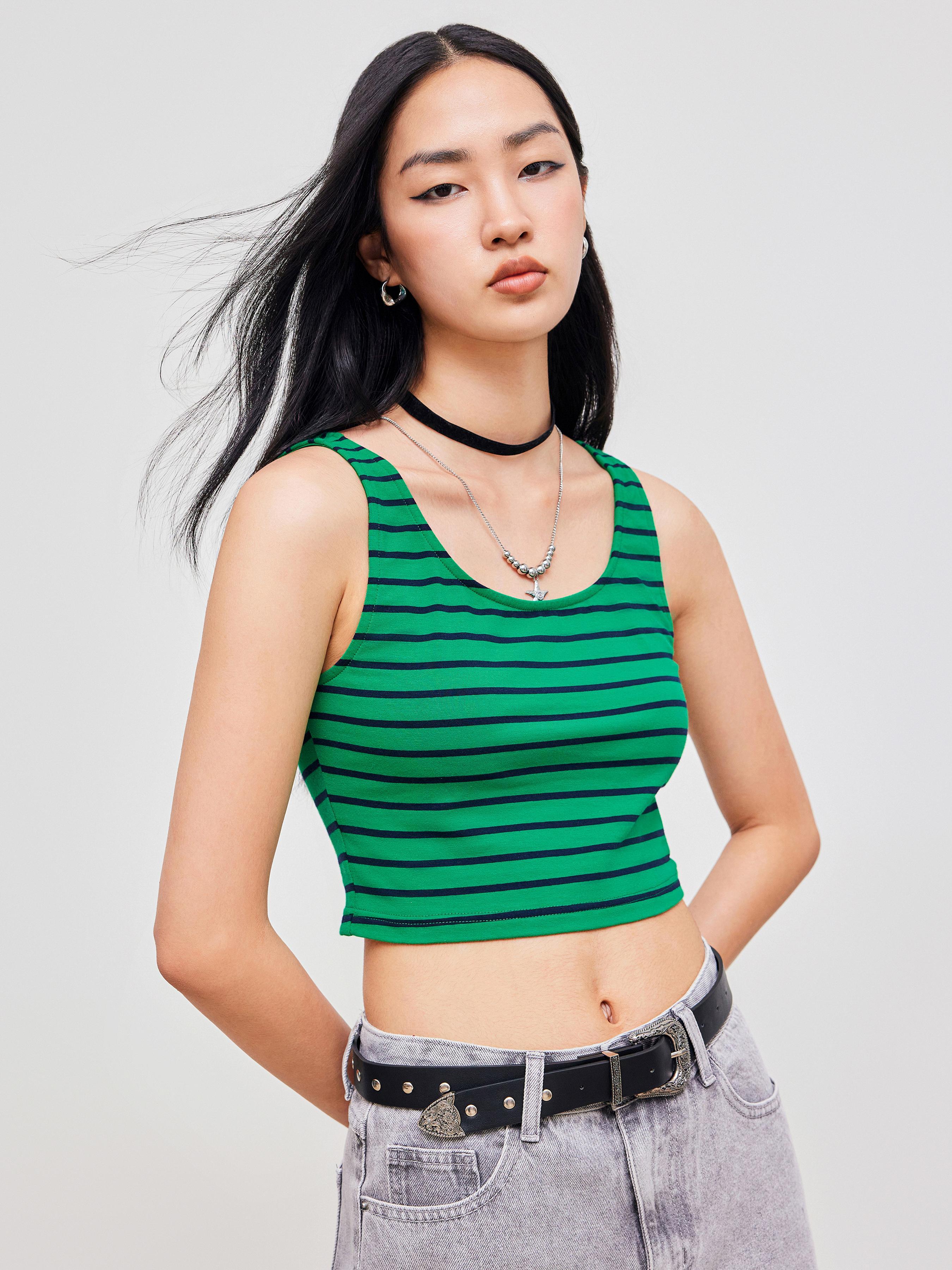 Cotton-blend Scoop Neckline Striped Crop Tank Top Product Image