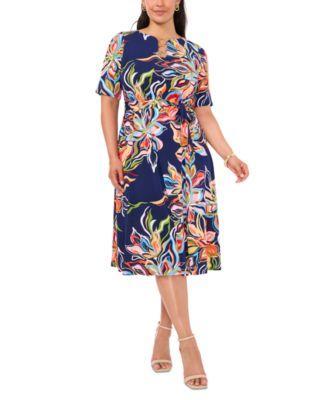 Plus Size Printed O-Ring-Neck Fit & Flare Dress Product Image