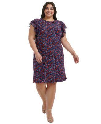 Plus Size Floral-Print Flutter-Sleeve Shift Dress Product Image