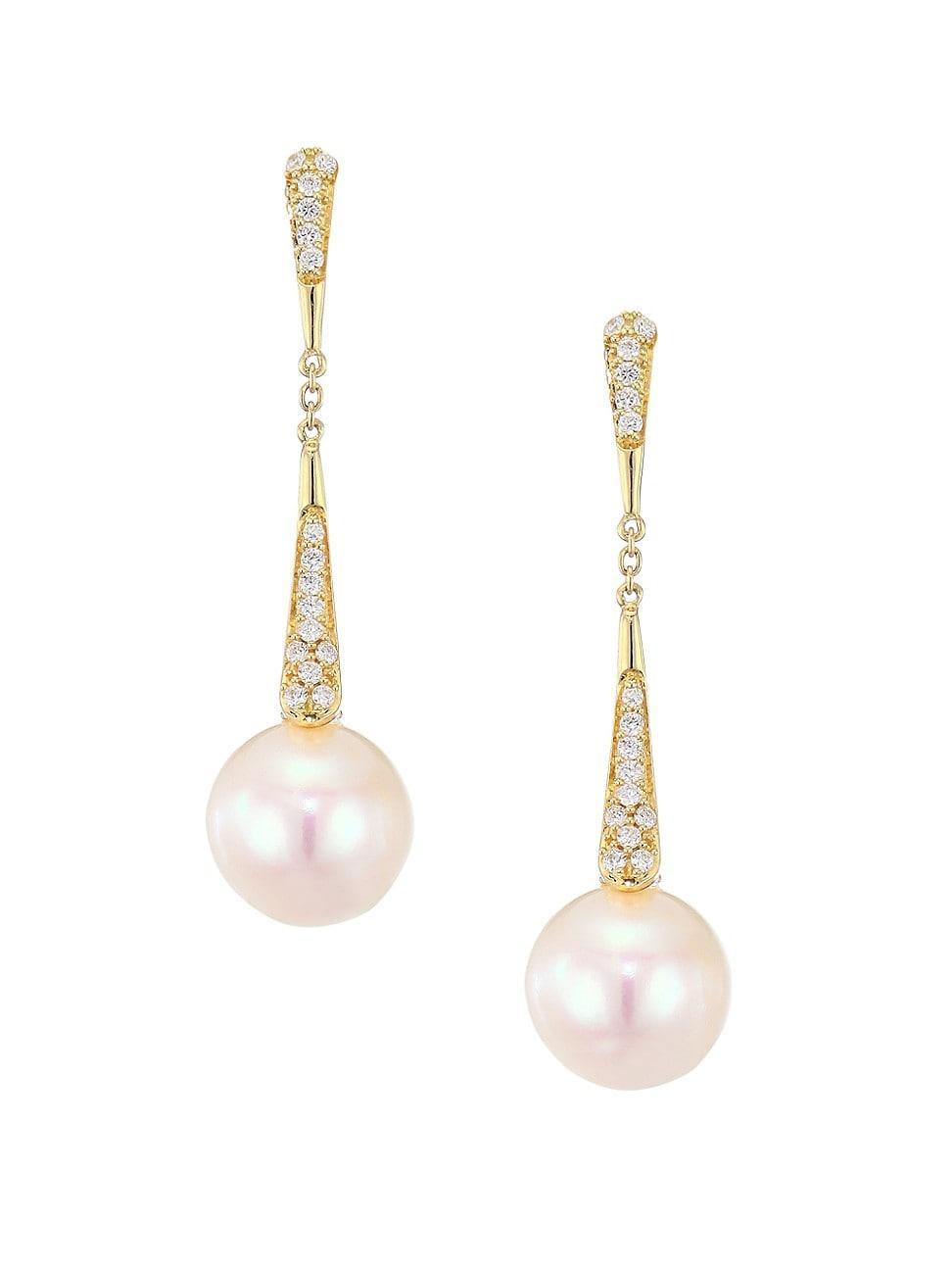 18K Yellow Gold, Pearl & Diamond Drop Earrings Product Image