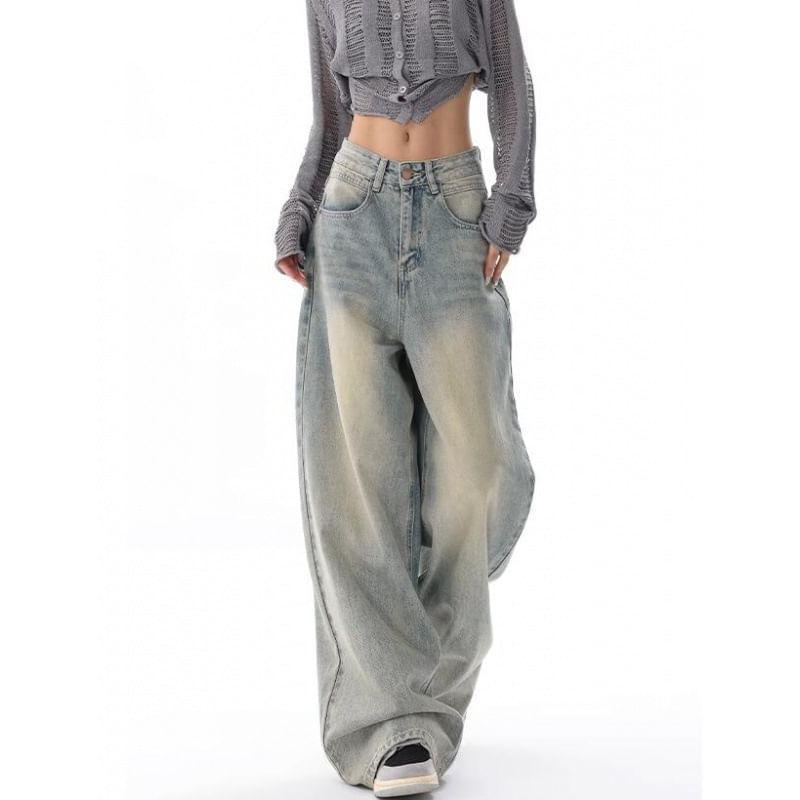 Low Waist Washed Loose-Fit Wide-Leg Jeans Product Image