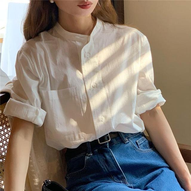 Long-Sleeve Stand Collar Plain Button-Up Blouse Product Image