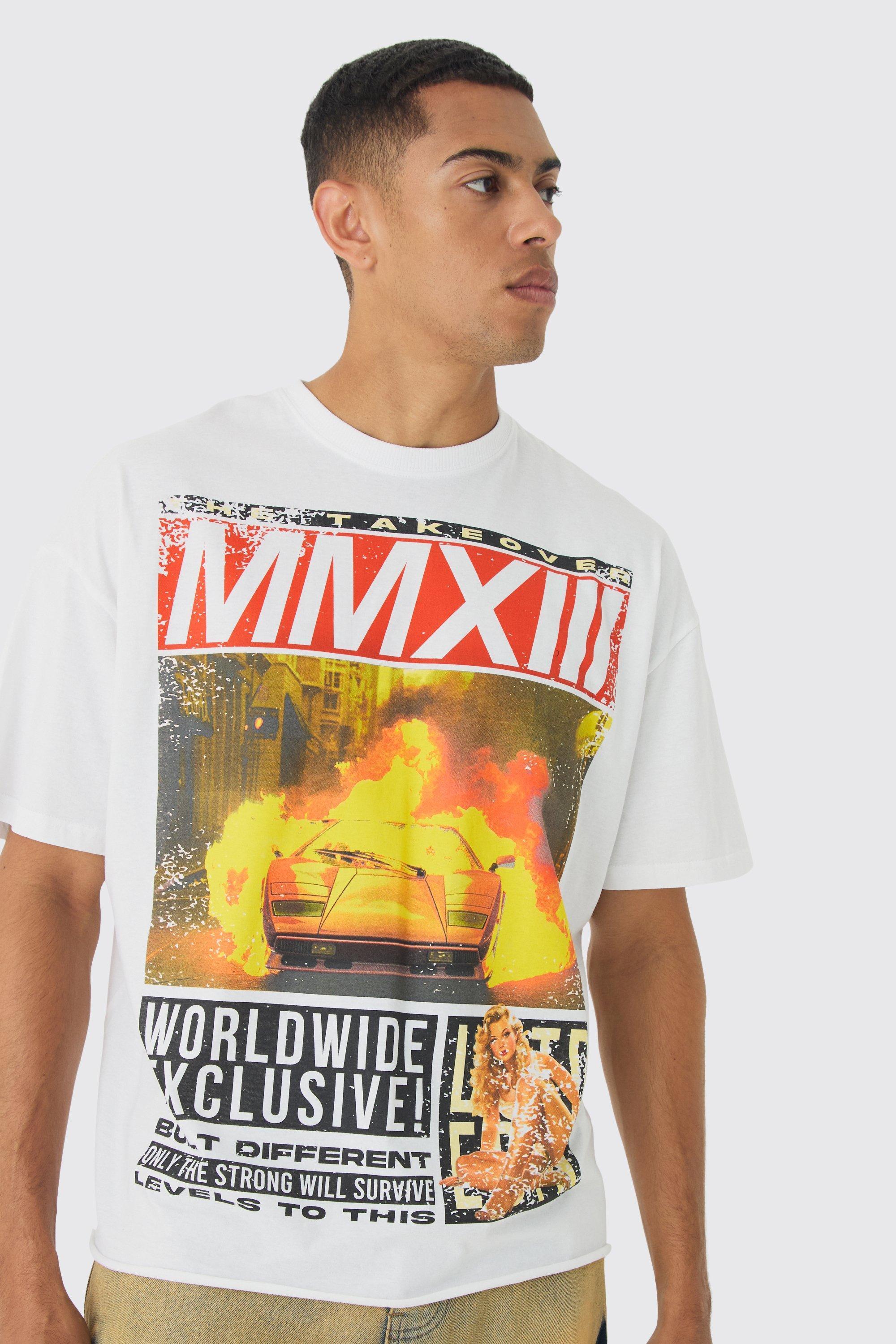 Mens White Oversized Boxy Worldwide Magazine Graphic T-Shirt, White Product Image